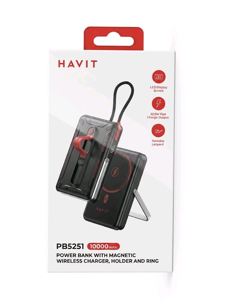HAVIT PB5251 10000mAh Power Bank with Magnetic Wireless Charger, Holder and Ring