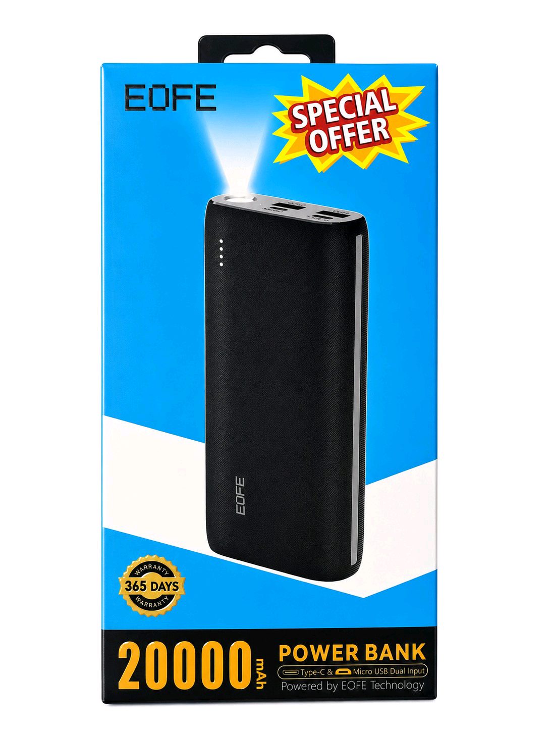 EOFE 20000mAh Power Bank with Dual Input & LED Torch