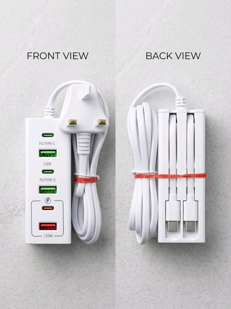 120W Multi-Port Desktop Fast Charging Station with Built-in Cables