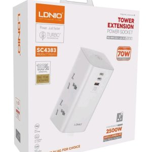 LDNIO SC4383 70W Tower Extension Power Socket (2500W, 4 AC Outlets, 2 USB-C + 1 USB-A)