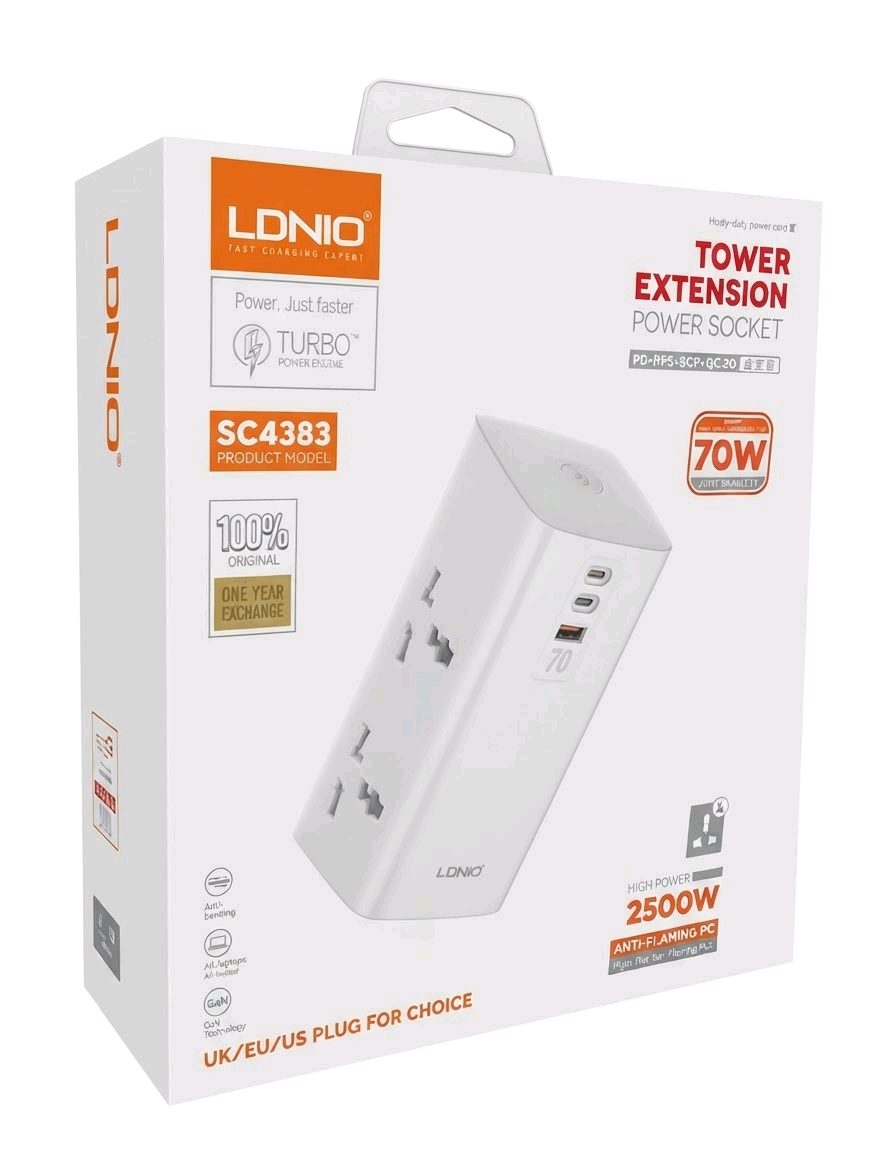LDNIO SC4383 70W Tower Extension Power Socket (2500W, 4 AC Outlets, 2 USB-C + 1 USB-A)