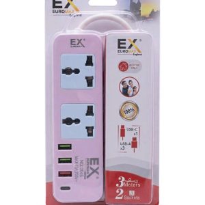 EX Euromax England No. 204S 2 Way Extension Socket with USB-C and 3x USB-A, 10A 250V, 3m
