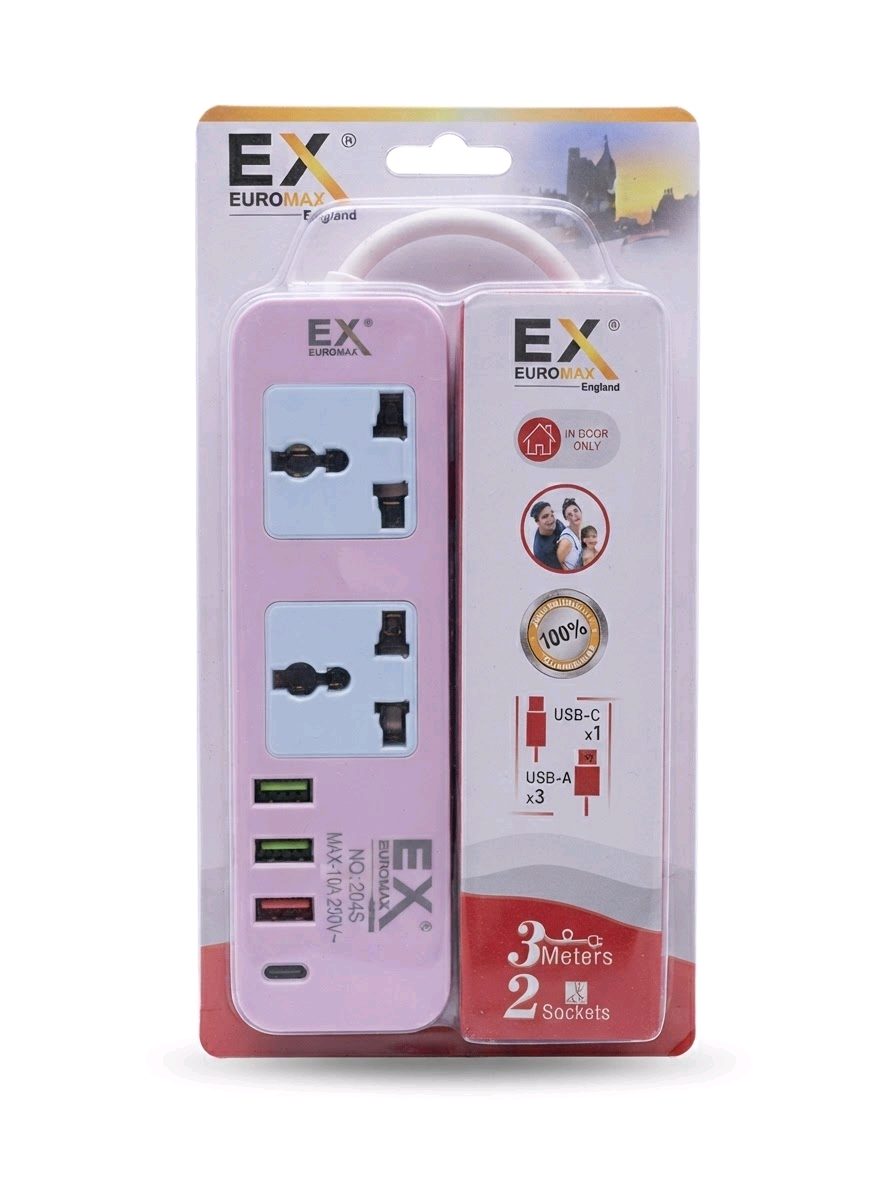 EX Euromax England No. 204S 2 Way Extension Socket with USB-C and 3x USB-A, 10A 250V, 3m