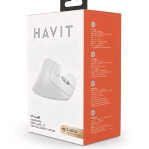 Havit MS45WB Ergonomic Vertical Wireless Mouse, Bionic Snail Design, White