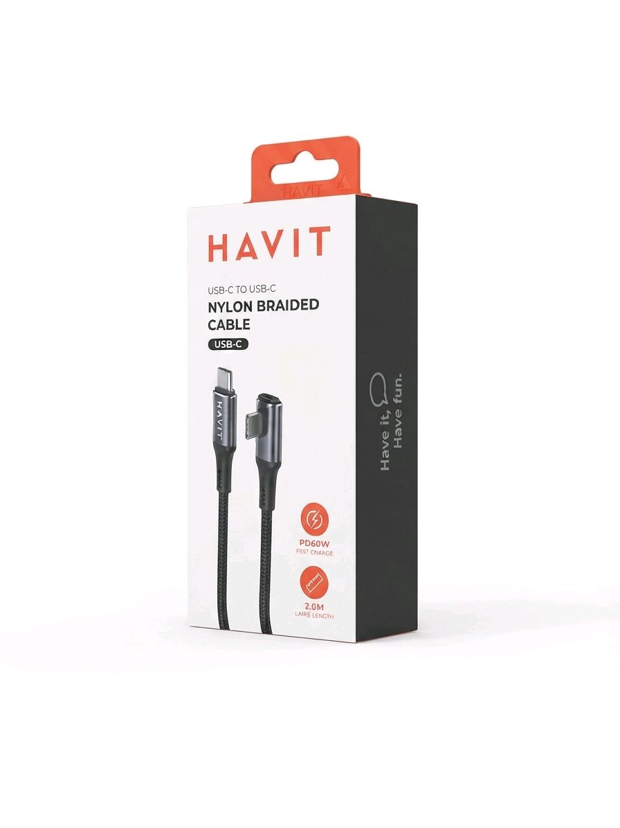 Havit CB6313 USB-C to Elbow USB-C Nylon Braided Cable (60W PD, 2.0M).
